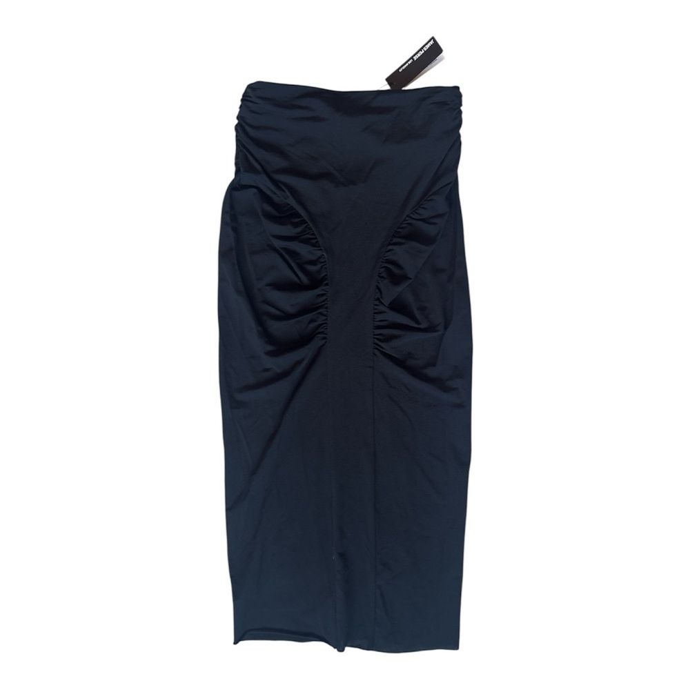 James Perse Rouched Side Midi Skirt Stretchy Black Raw Hem XS Size 0 NWT